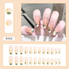 Flowers Artificial Fake Nails for Women Girls, Medium Length Press On, 24Pcs Reusable Full Cover False Kits, Floral Acrylic Design, Glue On for Nail Art