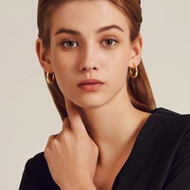 Gacimy Gold Hoop Earrings for Women 14k Real Gold Plated, Chunky Gold Hoops with 925 Sterling Silver Post Thick Hypoallergenic Medium Gold Earrings Hoops 25mm