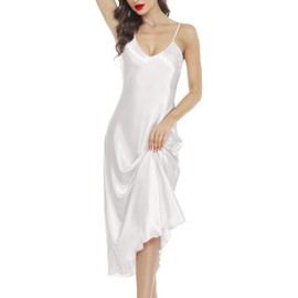 Lovasy Satin Nightdress for Women UK Long Negligees Strap Chemise Silk Nighties for Women V Neck Full Slips Sleepwear Nightwear,White,S