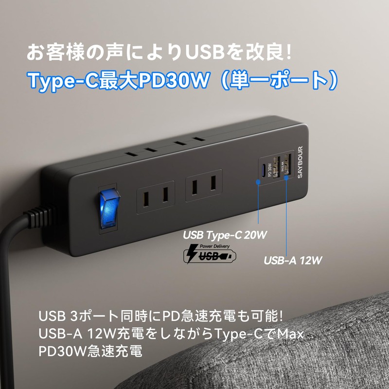 SAYBOUR LC-6C1S-2A1C Power Strip, USB Extension Cord, 6.5 ft (2.5
