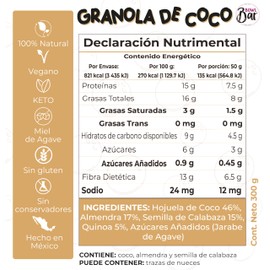 BOWL BAR | Granola De Coco 100% natural, vegana, Keto, sin gluten y sin conservadores. Endulzada con miel de agave. 300gr