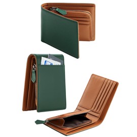 GS 23027 Men's Bifold Wallet, Large Capacity, Compact, Thin, Small Wallet, Genuine Leather, Leather Wallet, Popular Brand, Zipper, Coin Purse, Holds 10 Cards/Boys, Father's Day, Present, Gift, (With