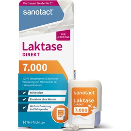 sanotact Lactase 7,000 direct (90 mini lactase tablets) • Lactose tablets for every day • For lactose intolerance, lactose and milk intolerance • Quick intake without water