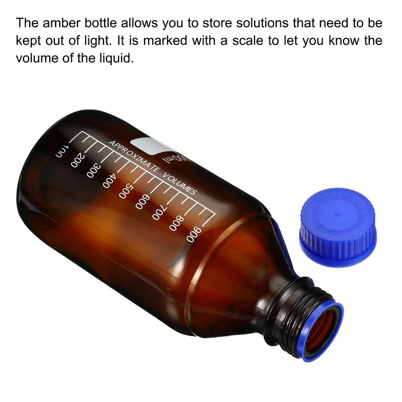 PATIKIL 1000mL Reagent Media Bottle, 2Pcs Round Graduated Glass Storage