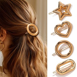 JEAIRTS 4pcs Gold Geometric Hair Clips,Round Star Heart Oval Metal Barrettes for Women (1-Gold)