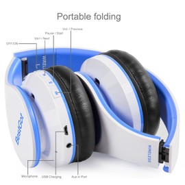 Kids Headphones Bluetooth, BT6002 Wireless Headphones for Kids Child Volume Limited 85/110dB for School Foldable Headset for 60 Hours PC/Phone/Tablets/TV (White/Blue)