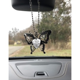 "With Brave Wings She Flies" and Large Antique Silver Tone Butterfly Charms Rear View Mirror Car Charm, Hanging Ornament Car Interior Decoration Car Accessories Home Decor