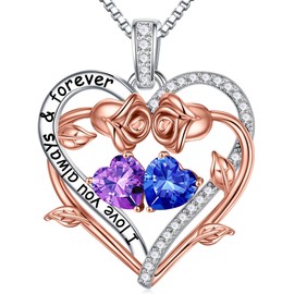 Iefil Sterling Silver Rose Heart Birthstone Necklace, Blue Cubic Zirconia, Women's 18+2in Necklace, Mothers Day, Birthday, Christmas Gift for Mom, Wife, Girlfriend, Grandma