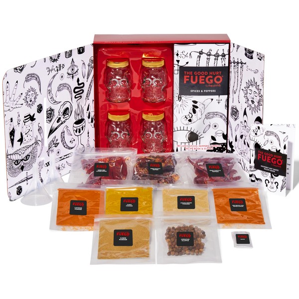 Thoughtfully Gourmet, The Original DIY Hot Sauce Kit, Gift Set Includes 4 Skull Glass Jars, 2 Funnels, Seasonings, Gloves and Recipe Book