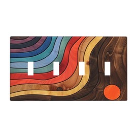 LOLREAI Decorative Light Switch Cover Plate Rainbow Brown Wood Texure Painted 4 Gang Wall Plate Switch Plate Covers Quad Toggle Jumbo Electrical Faceplate for Farmhouse Bedroom Home Decor