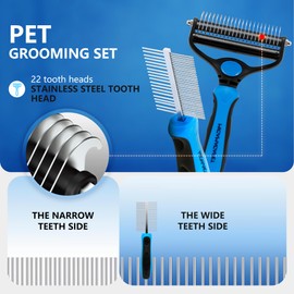2-in-1 Shedding Brush and Detangling Comb Combo,Stripping Brush for Medium and Large Dogs, Dog and Cat Grooming Comb, 22 Stainless Steel Teeth Remove Tangled Hair, Pet Grooming Tools-large