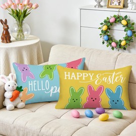 YOSICHY Easter Decorations for Home, Easter Pillow Covers 20x12 Inch, Set of 4 Happy Easter Hello Peeps Bunny Truck Pink Blue Yellow Decorative Throw Pillow Cover Farmhouse Decor