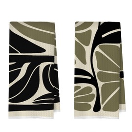 ERYBHKRTYH Boho Abstract Floral Kitchen Towels Set - Retro Green Black Flower Decorative Waffle Dish Towels, Mid Century Modern Decorative Hand Tea Towel, 16x24 Inch Set of 2