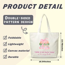 FQPJA Women Book Canvas Tote Bag, Pink Bow Bag For Reading Lovers, Reusable Grocery Folding Shopping Tote, Aesthetic Library Bag, Thanksgiving Christmas Gifts For Friends Colleagues -A30