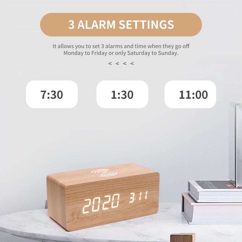 Digital Wooden Alarm Clock Electronic LED Time Display for Bedroom