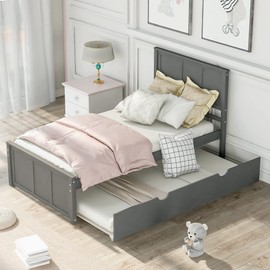 P PURLOVE Twin Bed Frame with Trundle,Solid Wood Day Bed Twin Size with Headboard,Twin Size Trundle Bed Frame for Kids Teens Adults Boys,Gray