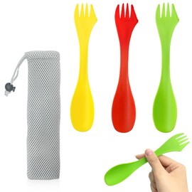 3 Piece Plastic Spoon, 3 in 1 Spoon, Portable Camping Cutlery Set, Reusable Camping Spoon, Fork with Portable Bag for Outdoor Activities, Camping (Red & Green & Yellow)