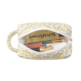 Gleyemor Cute Small Quilted Makeup Bag for Women, Floral Cotton Cosmetic Bag, Toiletry Pouch Travel Essentials Christmas Gifts (Yellow Floral)