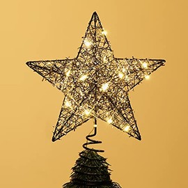 Roylvan Star Tree Topper, Battery Powered Christmas Star Treetop with Timer Decorative Light with Silver Strips, 20 LED Light Xmas Metal Wire Tree Top Ornament for Home Decor Indoor Outdoor Use, Black