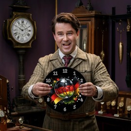 speecheese Football Germany Flag Wall Clock Aluminium Euro 2024 Design Sporty Look in Black Red Gold with Ball Motif