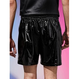 WDIRARA Men's Slant Pocket PU Leather Buttoms Drawstring Waist Straight Leg Shorts, Black, X-Large