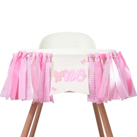 Pink First Birthday High Chair Banner, One Year Celebration Decoration with Bow Design, Fabric Garland