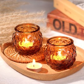 DARJEN Amber Votive Candle Holders Set of 24- Round Glass Candle Holders Bulk for Table Centerpiece, Tea Lights Candle Holders for Home & Vintage Wedding Decorations