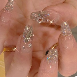 24 Pcs Long Ballerina French False Claw Glitter Rhinestone Ice Transparent Eye False Nails Press On Nail Full Coverage