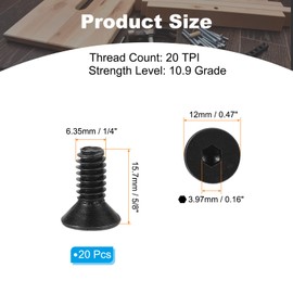 PATIKIL 1/4-20 x 5/8" Flat Head Socket Cap Screws, 20 Pack Flat Countersunk Bolts Carbon Steel Hex Socket Drive Machine Screws Full Thread Black Oxide Grade 10.9