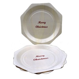 Perfectware 11 Disposable Wooden Plates with custom print in red Merry Christmas - 25 count, Octagon Shape, 10.2" (Pack of 25)