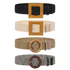 JASGOOD 4 Pack Elastic Wide Belts for Women- Fashion Straw Woven Elastic Stretch Waist Band Belt Summer Bohemian Ladies Beach Dress Belts