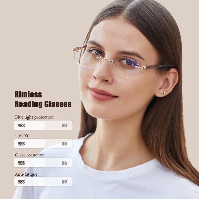 Rimless Bifocal Reading Glasses for Women Frameless Blue Light Blocking