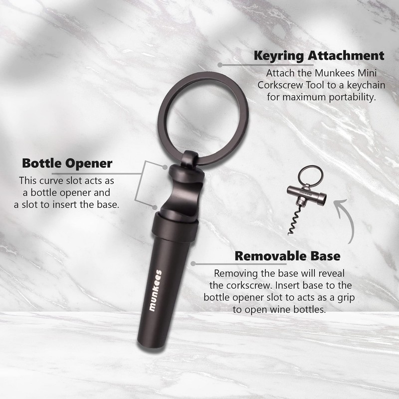 Munkees Mini Keychain Corkscrew Tool, Small Key Ring Wine Opener,