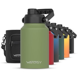 WATERSY Half Gallon Water Bottle Insulated(Cold for 48 Hrs),BPA Free&Leak Proof,64oz Stainless Steel Water Jug/Flask,Big thermo,Large Water Bottle with Handle for Gym,Hiking,Camping,Olive Green