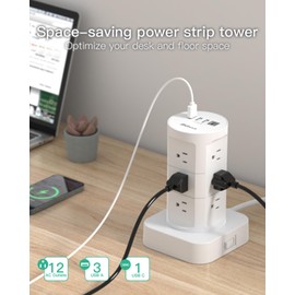 Tower Surge Protector Power Strip with 12 Outlets 4 USB (1 USB C), Mifaso Extension Cord with Multiple Outlets, 1800J Protection, Office Desk Supplies, Dorm Essentials