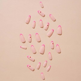 Lifextol French Tip Press on Nails Medium Fake Nails with Love Heart Design Almond Stick on Nails Press ons with Adhesive Tabs, French Pink Nails 24pc