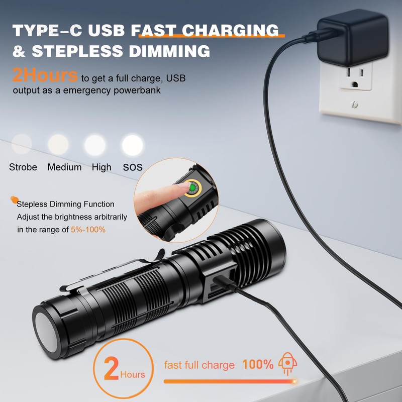 Rechargeable Tactical Flashlights High Lumens - 1500 Meters Long Beam