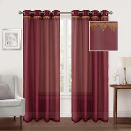 Christmas Burgundy Sheer Curtains with Linen Lace 2 Panels for Bedroom Kitchen 84 Inch Length,Long Sheer Curtains for Windows, 54 x 84 Inch, Gromments Semi Transparent Voile