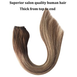 Sew in Weft Hair Extensions Human Hair Weft Extensions Colored Chocolate Brown with Honey Blonde Highlights Real Remy Hair Extensions Double Weft Straight Natural Hair Weave Bundles 100G 16 Inch