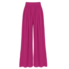 BTFBM Womens Casual Wide Leg Pants Summer Fall Clothes Pleated Elastic Waist Loose Palazzo Knit Trousers with Pockets(Rose Red, Medium)