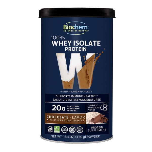 Biochem 100% Whey Isolate Protein - Chocolate - 15.4 oz - 20g of Protein - Meal Replacement -Supports Lean Muscle - Easily Digestible - Silky Smooth Taste - Amino Acids