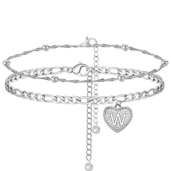 YANCHUN Initial Ankle Bracelets for Women Silver Heart Double Layered