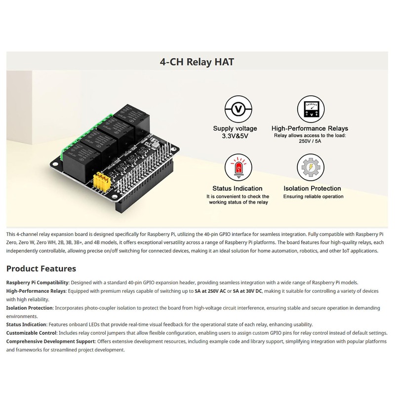 4-CH Relay HAT for Raspberry Pi, 4 Channel Relay Board