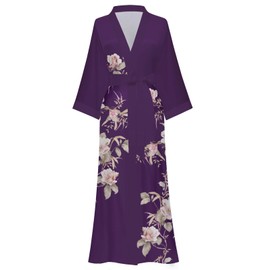 Women's Long Kimono Robe Floral Silk Robe Satin Silky Bathrobe Sleepwear Bridesmaid Wedding Robes Purple Print