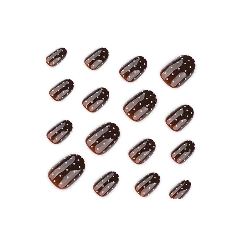 Uñas postizas de lunares, ovaladas, marrones, cortas, almendradas, con pegamento,