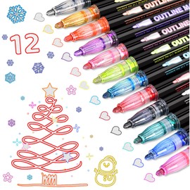 Outline Shimmer Glitter Markers for Kids, 12 Shimmer Markers Outline Double Line, Stocking Stuffers for Teen Girls Doodling, Drawing, Art Supplies, Arts and Crafts, Gifts for Girls Age 8-10, 11, 12-14