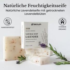 Greenum Organic Lavender Soap with Dried Lavender Flowers - Soothing & Rejuvenating - 100 g - Natural Soap - Certified Organic Cosmetics - Vegan