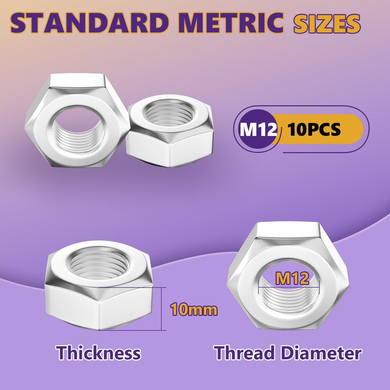 ZerDans 10Pcs M12 Hex Nuts, Stainless Steel, Industrial Grade, Hex