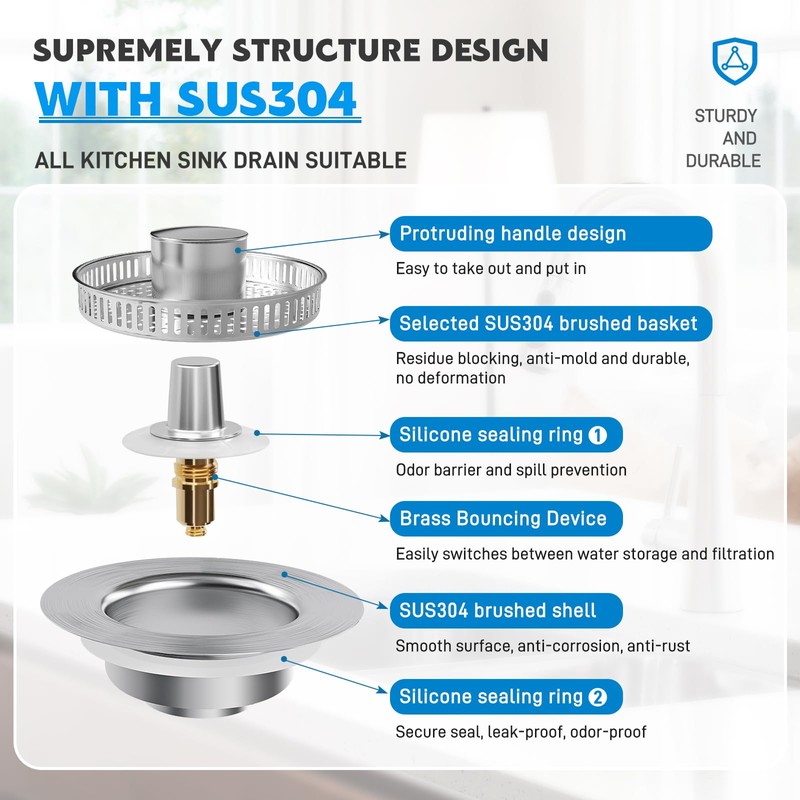 Stainless Steel Sink Plug & Drain Strainer Set - Rustproof,