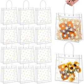 Kolldenn 12 Pcs Daisy Clear PVC Gift Bags with Handle, Cute Flower Transparent Goodie Bag, Reusable Treat Holder for Wedding Bridal Spring Birthday Baby Shower Party Supplies, 9. 84" x9. 84" x3. 54"